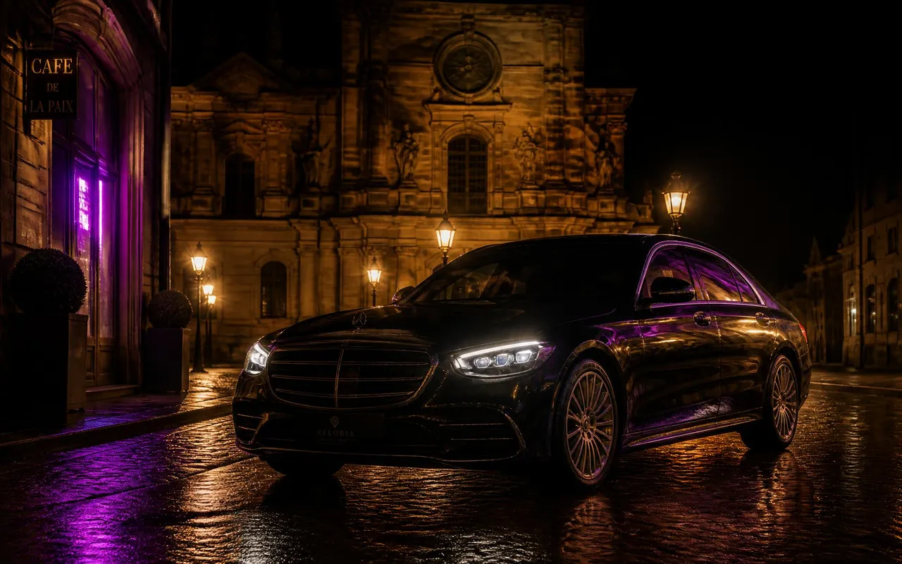 Black executive sedan on a wet street in Košice old town at night