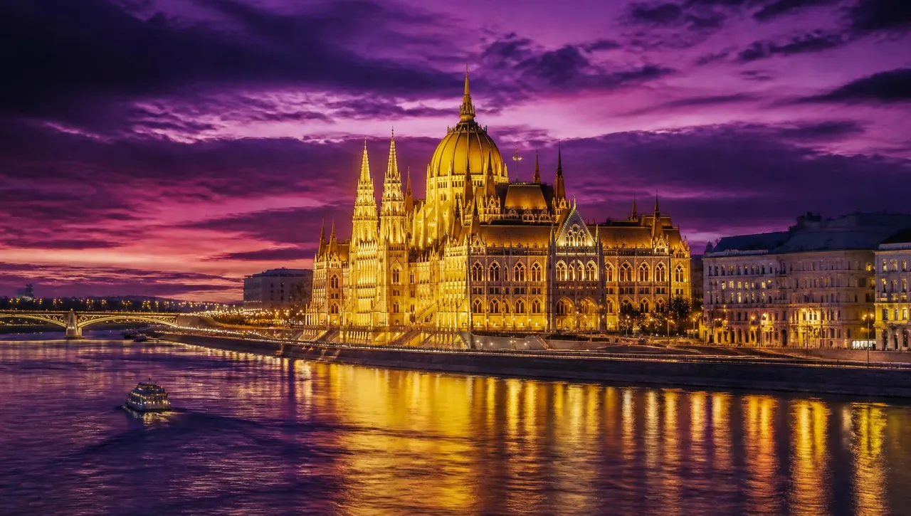 Motorway towards Budapest at blue hour with the city skyline in the distance