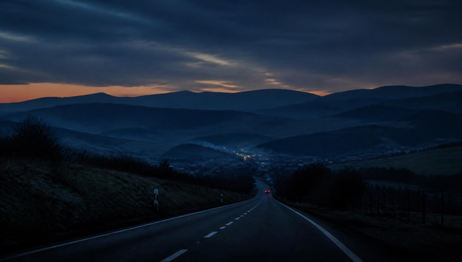 Road at dusk crossing the Carpathian foothills towards Uzhhorod