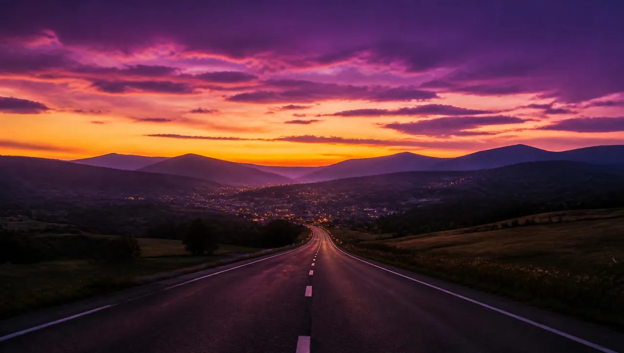Road at dusk crossing the Carpathian foothills towards Uzhhorod