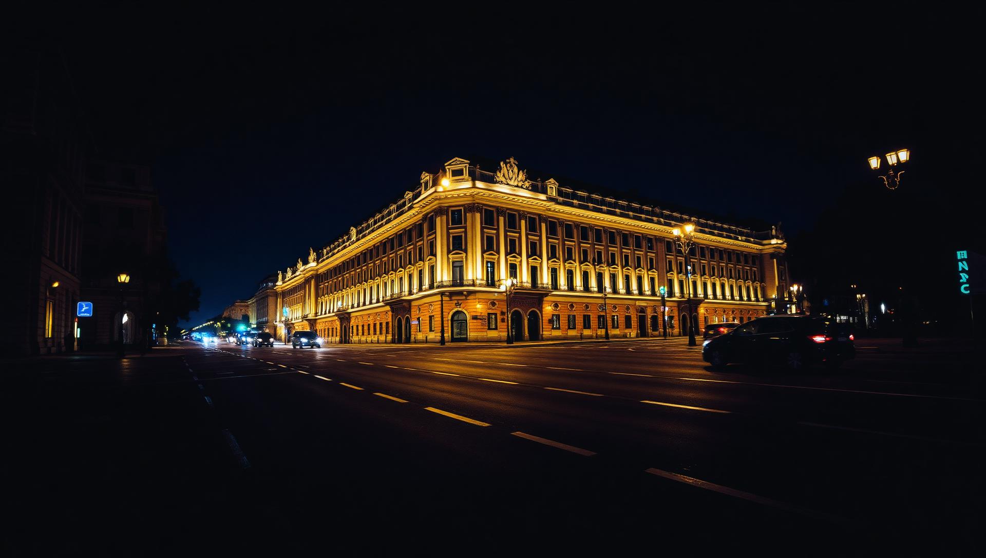 Illuminated historic boulevard in Vienna at night with wet asphalt reflections